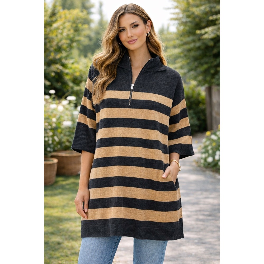 Freeā People Womens Striped Quarter Zip Tunic Sweater Grey Tan Size M Oversized